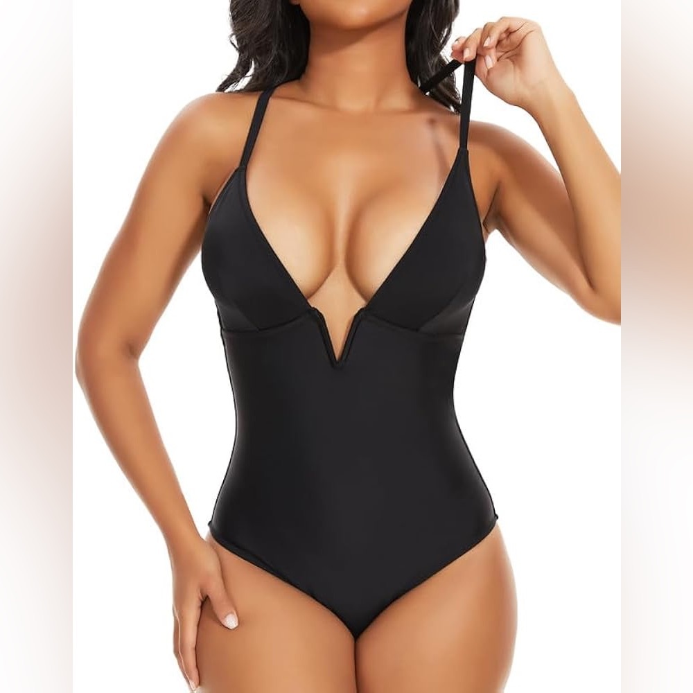 SHAPERIN Women's One Piece Swimsuit Deep V Neck Tummy Control Padded Push Up